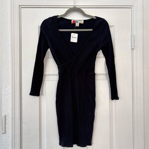 Free People Beach NWT V Neck Long Sleeve Ribbed Mini Dress Black Size Small